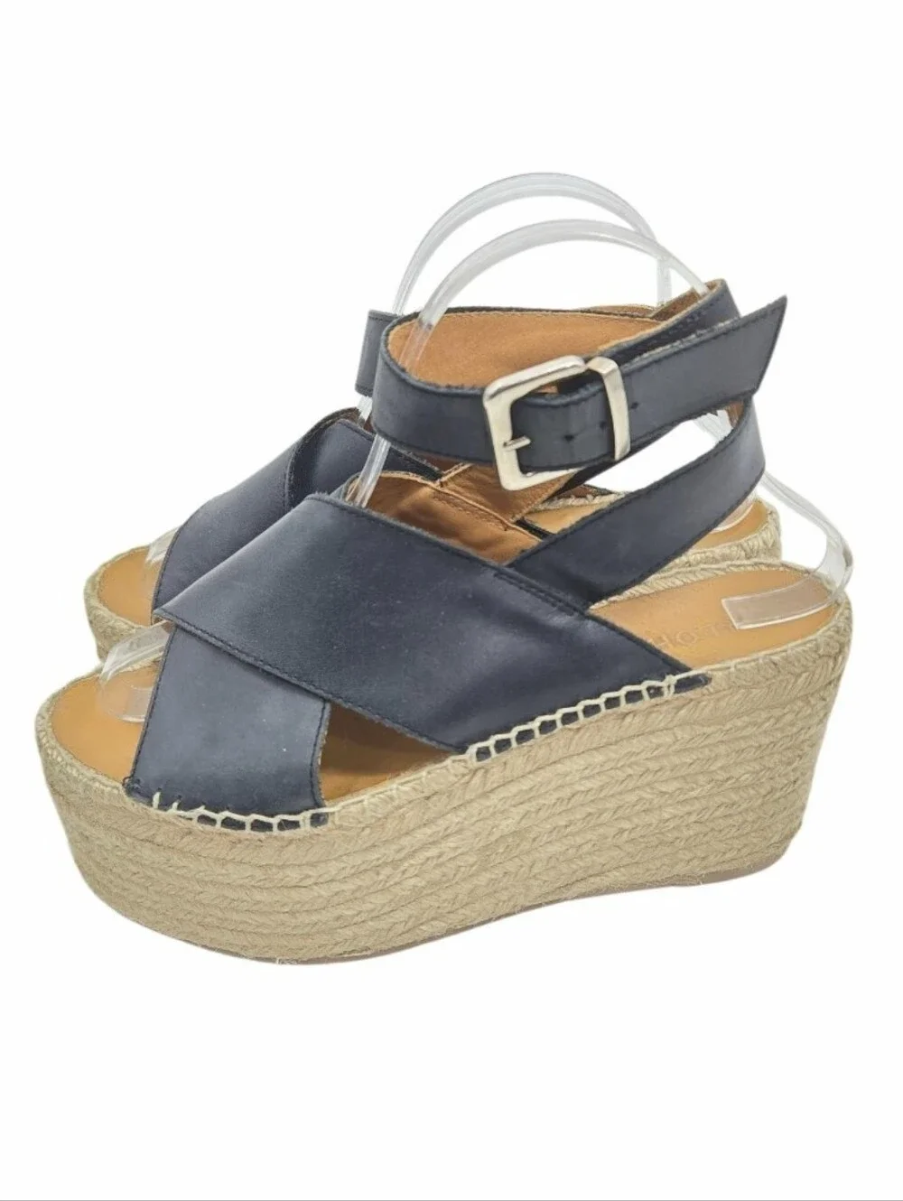 Alohas Black Leather Espadrille‎ Wedge Sandals with Ankle Strap
